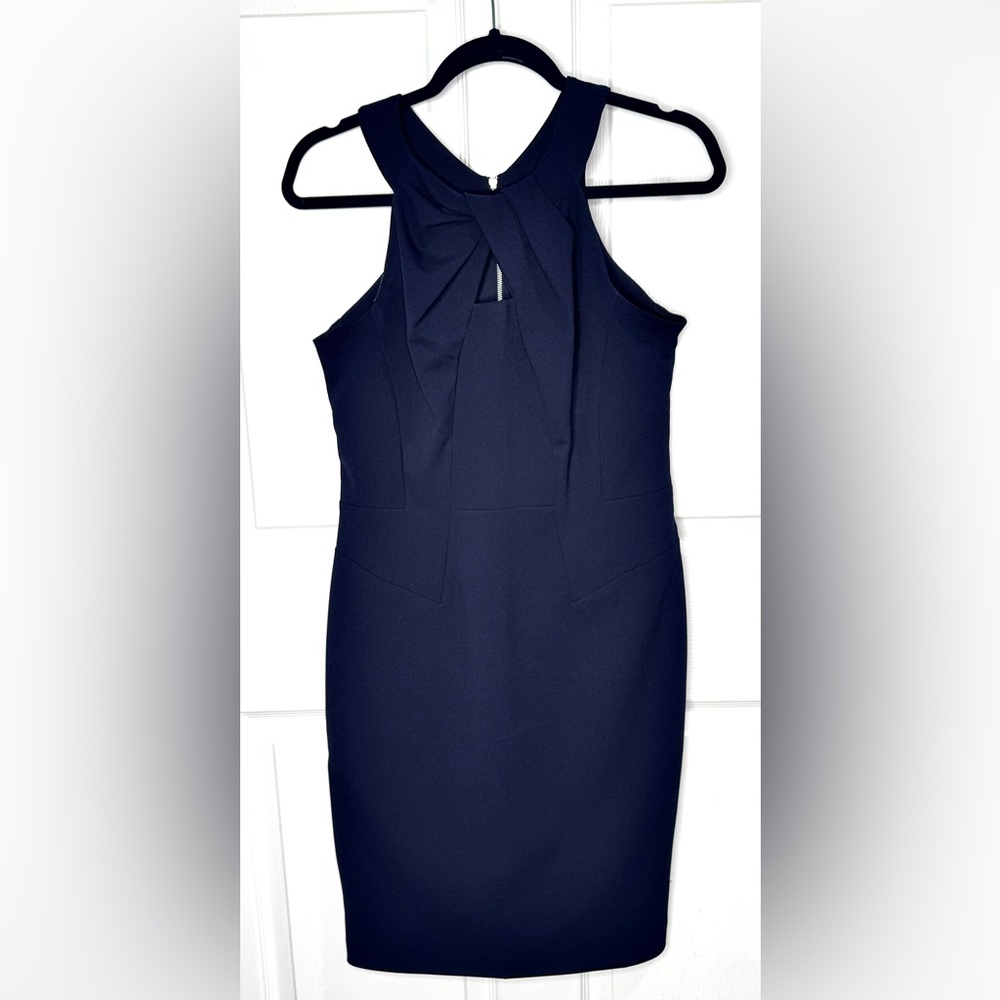 NY&Co Navy Blue Pleated Neck Sleeveless Midi Dress. Size M. Back Silver Zipper.
